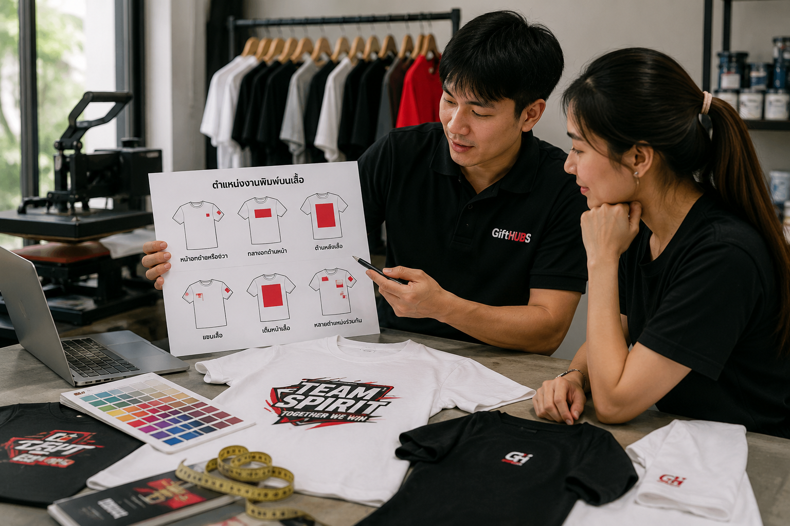 ตำแหน่งสกรีนเสื้อ GiftHUBS พร้อมคำแนะนำการวางลาย โลโก้ และข้อความให้เหมาะกับเสื้อก่อนผลิตจริง