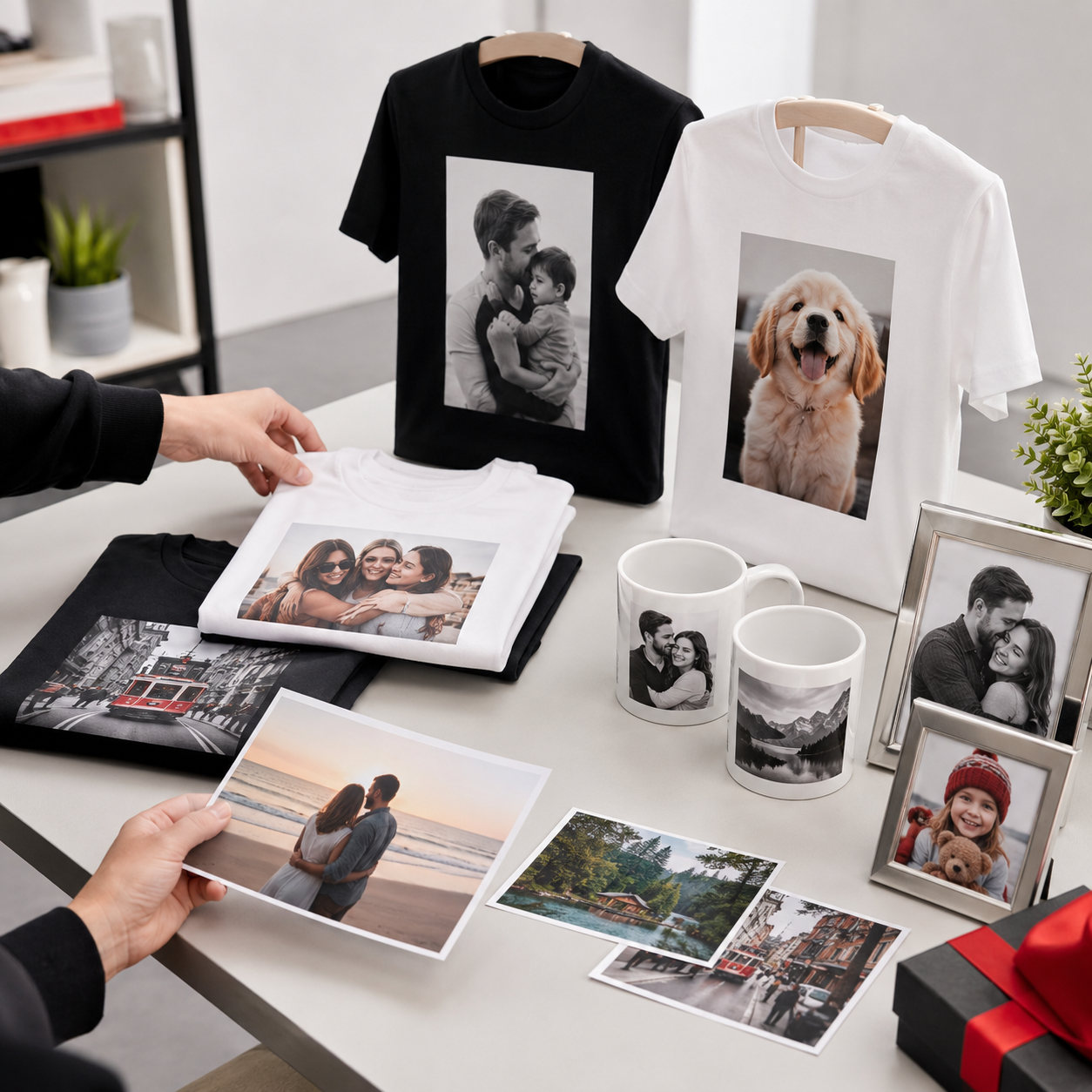 เลือกประเภทสินค้าสั่งทำ GiftHUBS เช่น เสื้อสกรีน แก้ว Mug สีขาว กรอบรูปอลูมิเนียม และงานพิมพ์ภาพถ่าย