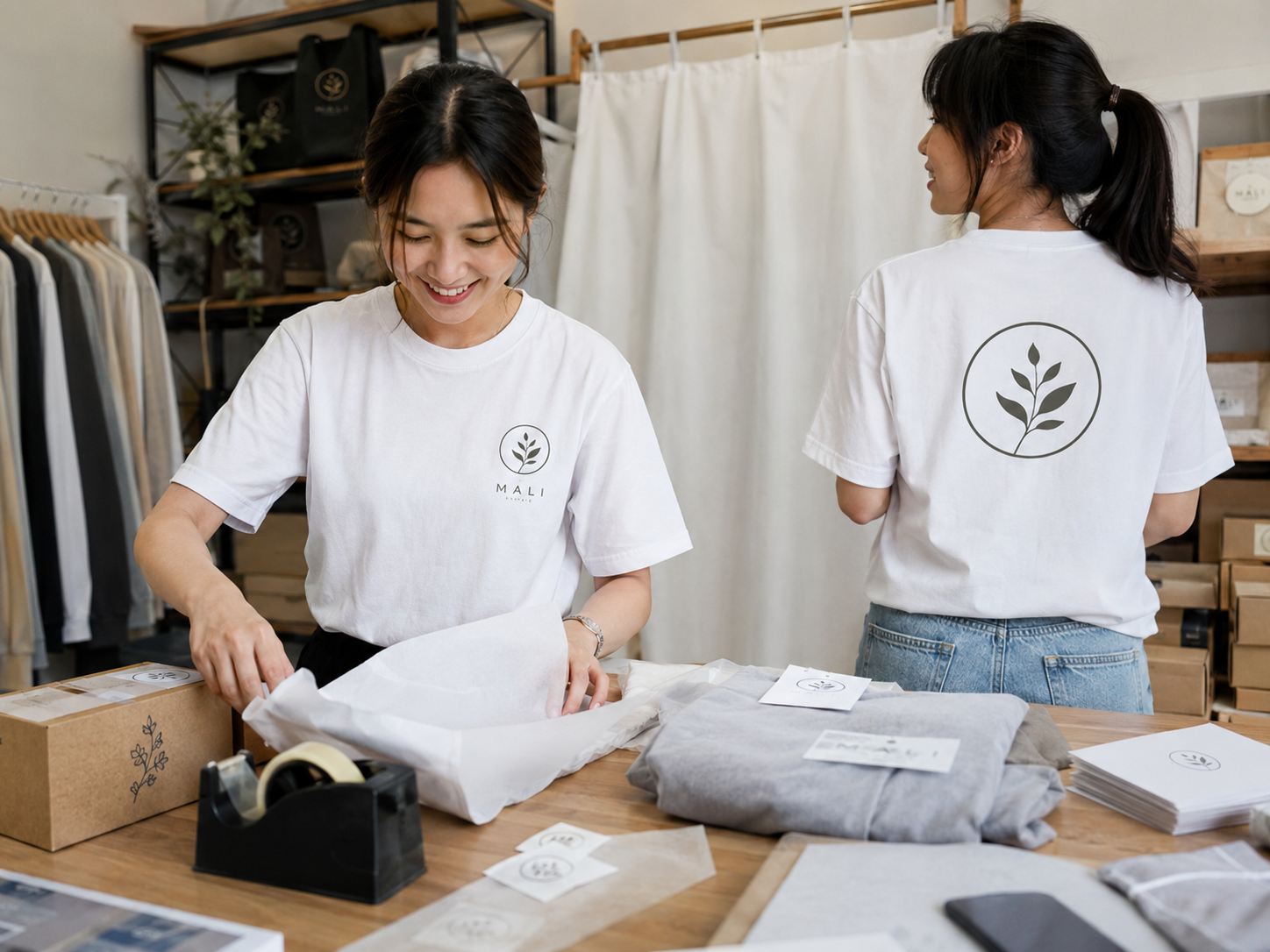 แบบสกรีนเสื้อโลโก้แบรนด์สำหรับร้านค้า ธุรกิจ และทีมโปรโมตสินค้า ใช้งานได้จริงในภาพลักษณ์มืออาชีพ