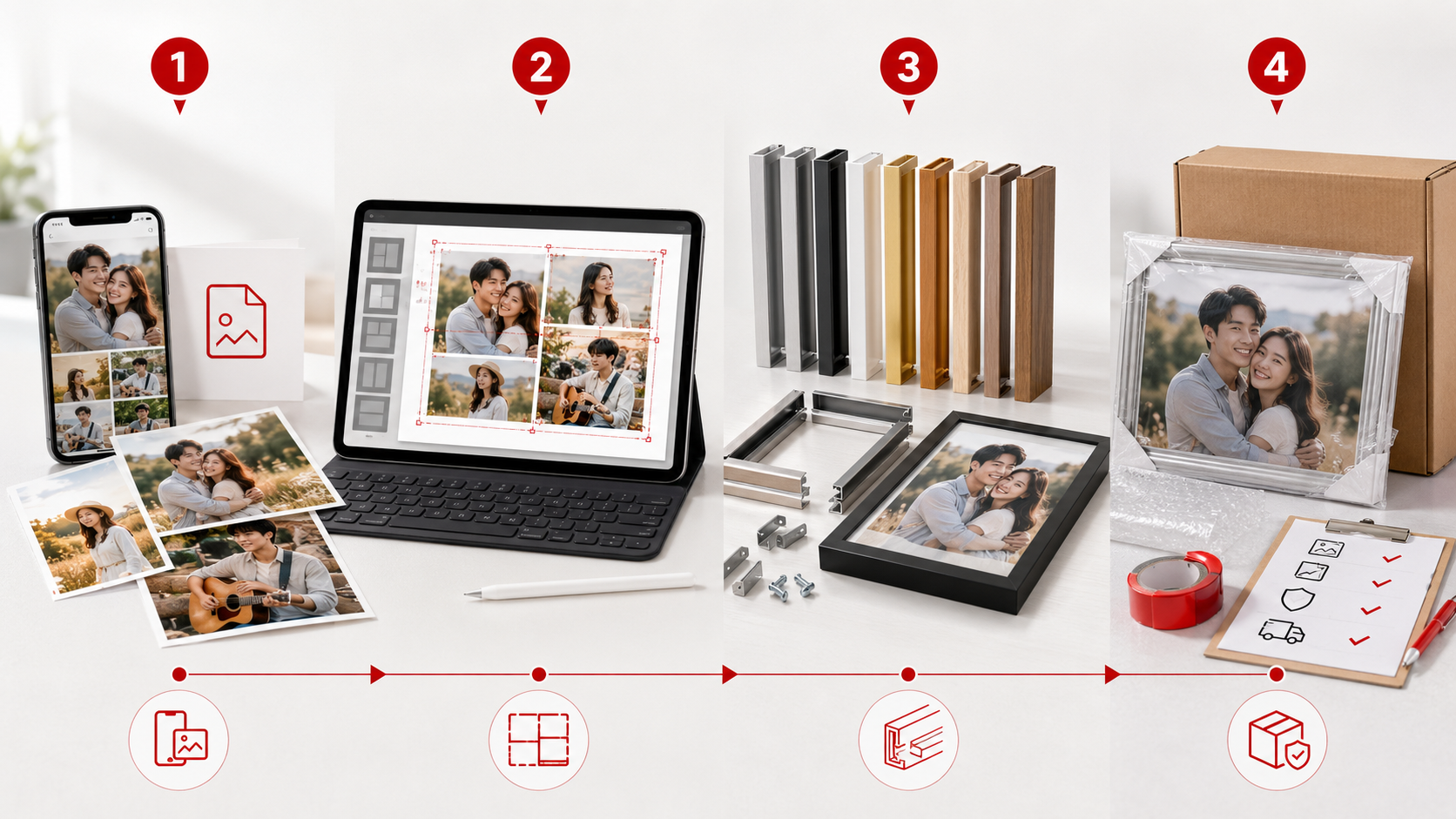 ขั้นตอนสั่งทำกรอบรูปอลูมิเนียม GiftHUBS ส่งรูป ตรวจแบบ ประเมินงาน ผลิต แพ็คสินค้า และจัดส่ง