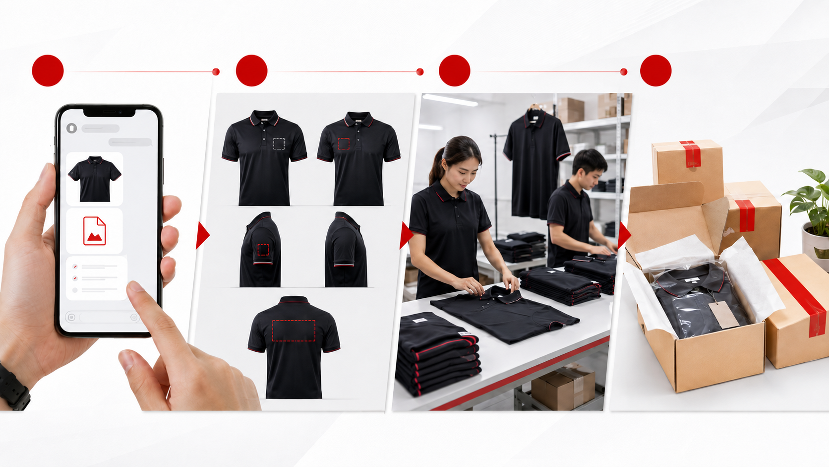 ขั้นตอนสั่งทำเสื้อพนักงาน GiftHUBS ส่งโลโก้ แจ้งจำนวน ประเมินแบบ ยืนยันผลิต แพ็คสินค้า และจัดส่ง