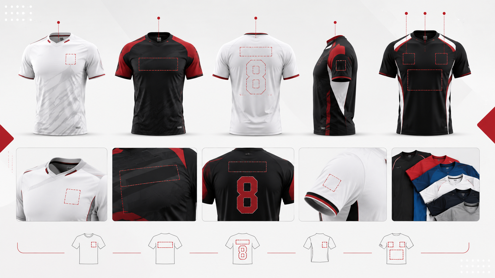 ตำแหน่งสกรีนเสื้อกีฬา GiftHUBS หน้าอกซ้าย กลางอก ด้านหลัง แขนเสื้อ หมายเลข และชื่อผู้เล่น