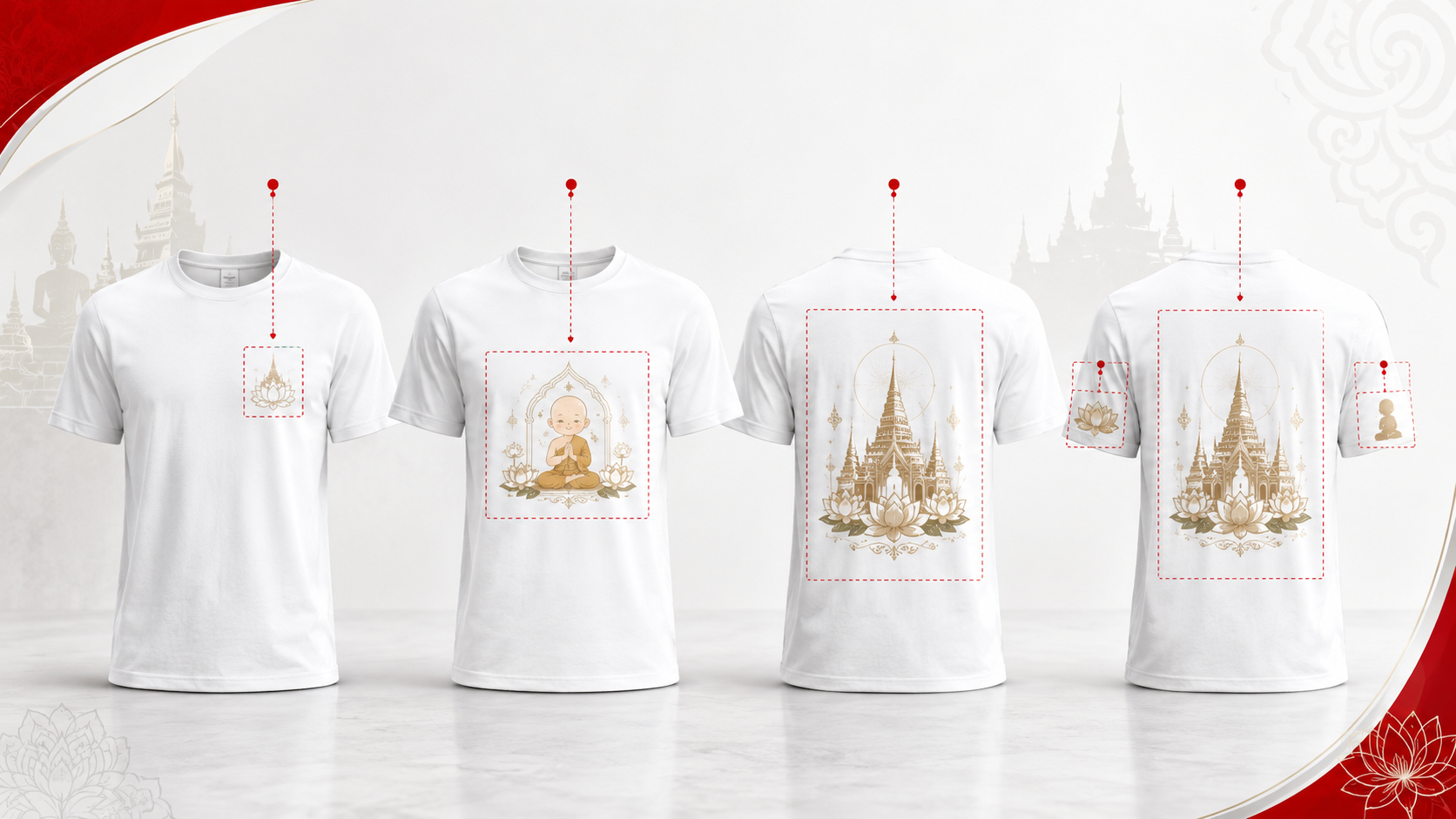 ตำแหน่งสกรีนเสื้องานบวช GiftHUBS หน้าอกซ้าย กลางอก ด้านหลัง และหลายตำแหน่ง