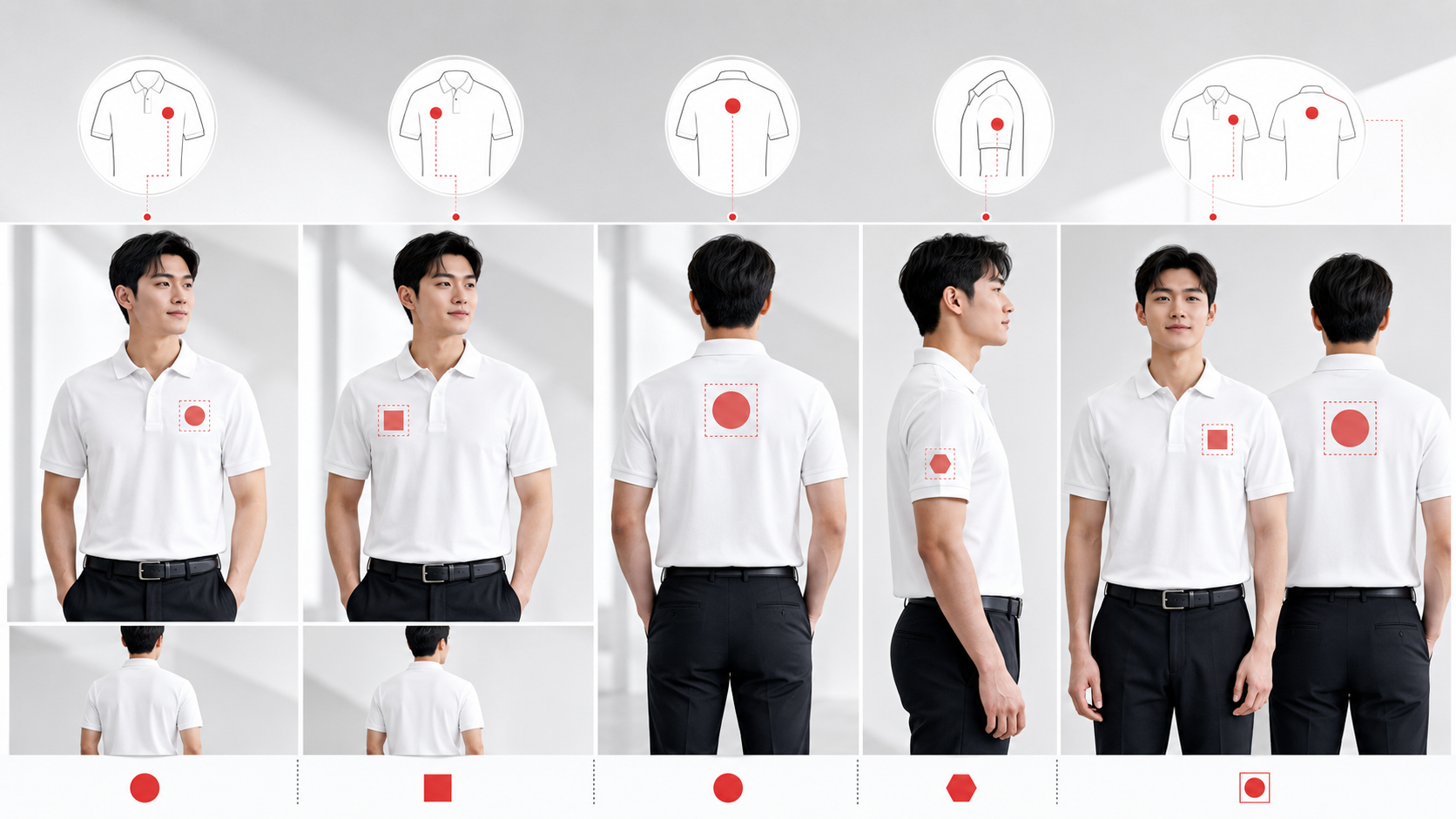 ตำแหน่งโลโก้เสื้อพนักงาน GiftHUBS หน้าอกซ้าย หน้าอกขวา ด้านหลัง และแขนเสื้อ