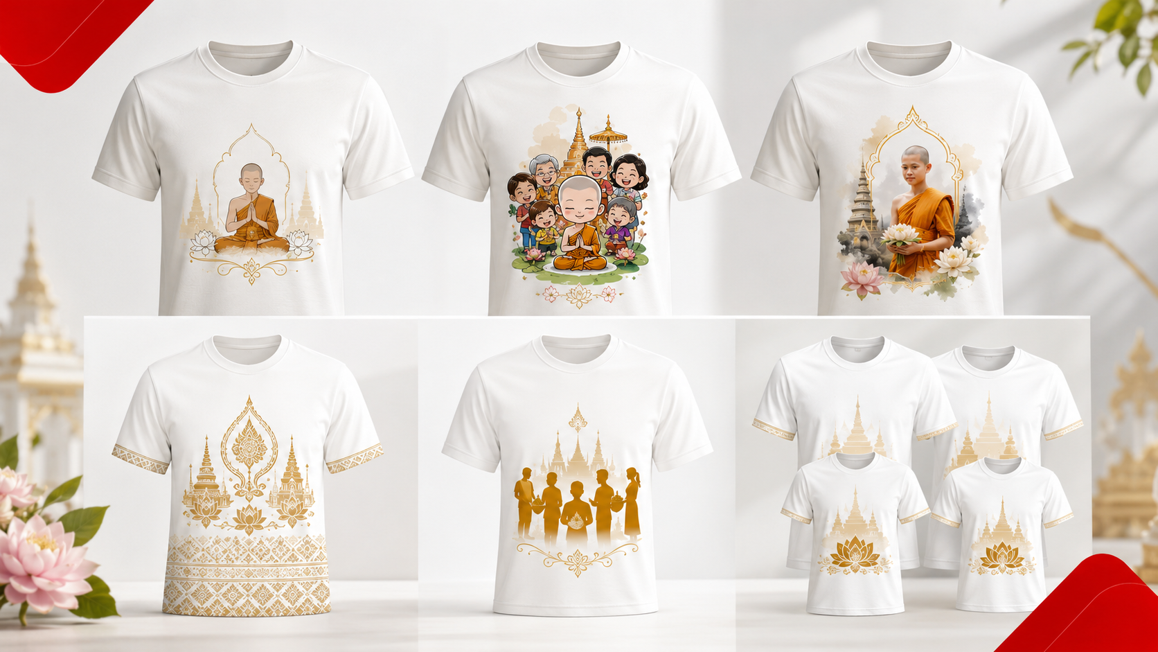 แบบเสื้องานบวชยอดนิยม GiftHUBS แบบเรียบสุภาพ แบบการ์ตูน แบบมีรูปภาพ และแบบทีมงานช่วยงาน